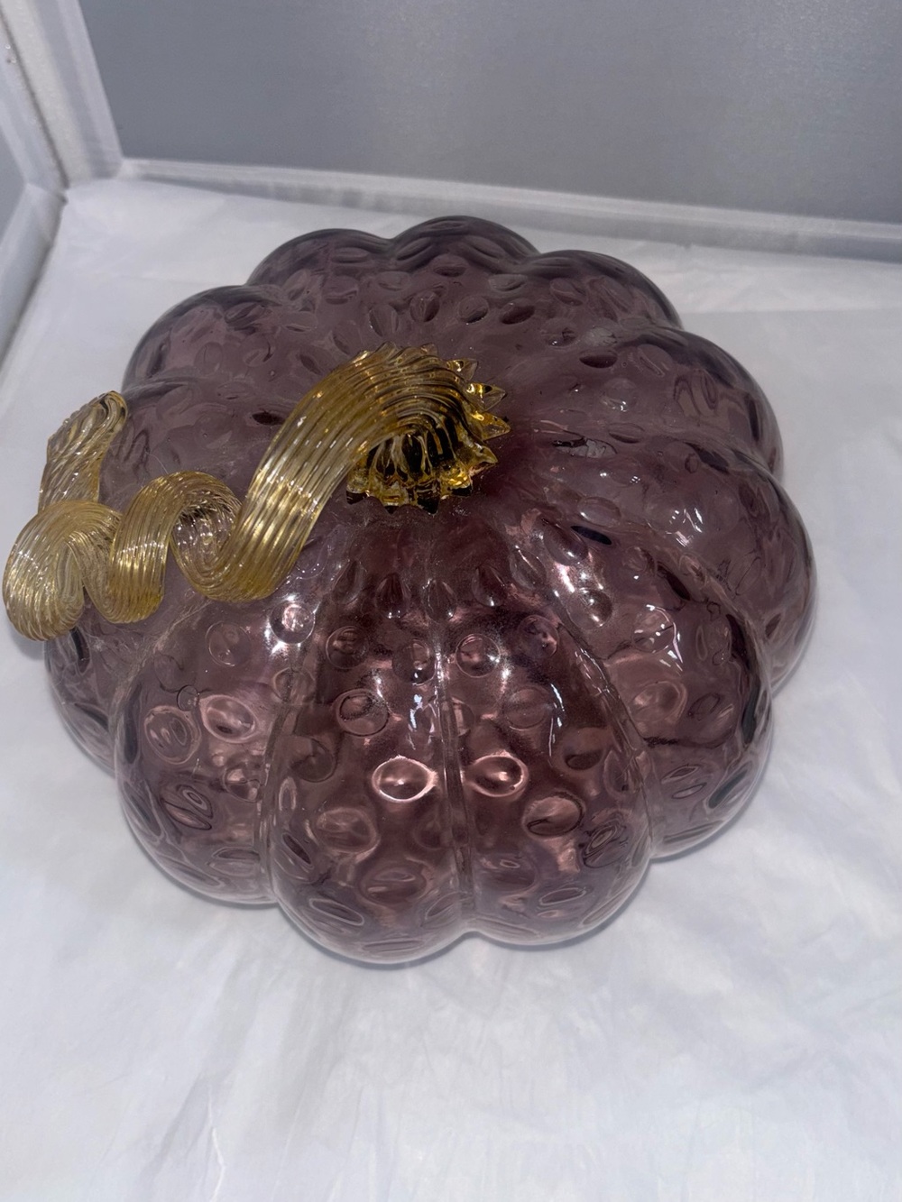 Blown Glass Pumpkin Décor in Mauve with Gold Stem